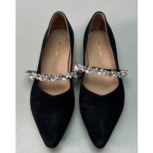 All Black Women's Elegant Black Flats with Crystal Embellishment